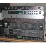 A group of eight rack mounting audio separates comprising; Formula Sound AMX6, Behringer FB-D,