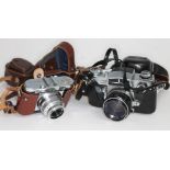 Two vintage cameras comprising a Miranda Sensorex and a Voigtlander Vito B.