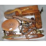 A box of mainly treen including a knitting sheath, a needle case, also including brass ware,