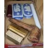 2 x Wedgwood Jasperware vesta boxes with matchstrikers & HM silver & amber stem cheroot holder in