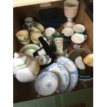 A box of ceramics including Crown Ducal, Wedgwood, Spode lidded jar etc