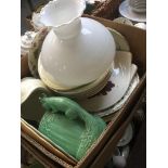 A box of mixed pottery including dinner plates, milk glass lampshade, and green Sylvac water jug