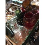 A box of mixed glassware including large handkerchief vase, cranberry glass, vintage bottles etc
