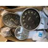 A box of vintage car dashboard dials, Jaeger speedometer, Jaeger rev counter, a Smiths clock and