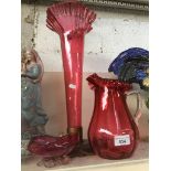 3 pioeces of cranberry glass including tall vase