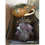 A small mixed box with various glassware including handkeerchief dish, and a Royal Doulton series