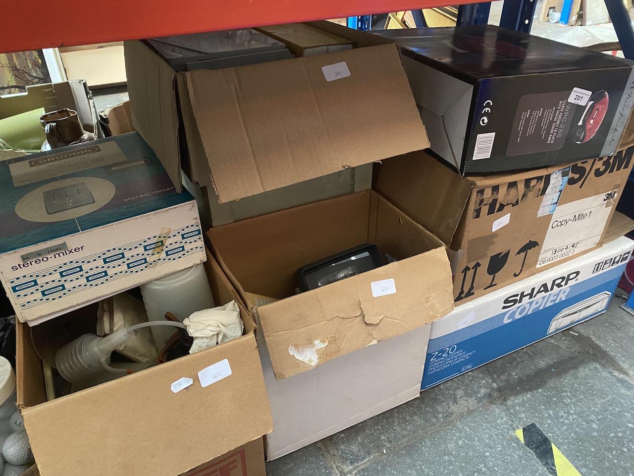 2 copiers, a Wharfedale stereo portable CD player and 3 boxes and a bedding box of various