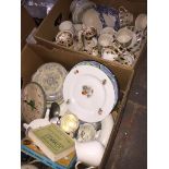 Two boxes of mixed pottery including teaware, blue and white, collectors plates, kitchen clock etc