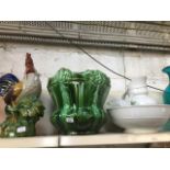 A large ceramic cockerel, a large green planter (As found) and a jug and bowl set
