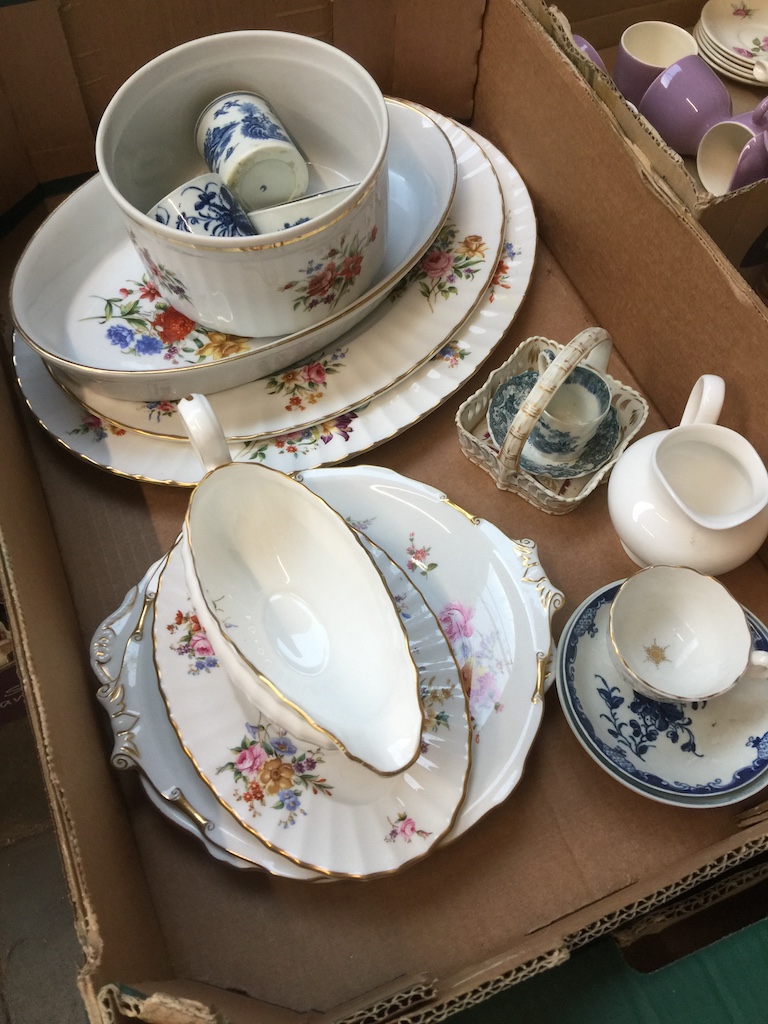 A box of mixed pottery including Royal Worcester and blue and white