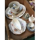 A box of mixed pottery including Royal Worcester and blue and white