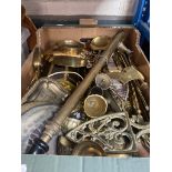A box of brassware including brass lamp.