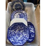 A box of blue and white ceramics, plates, bowls, etc.