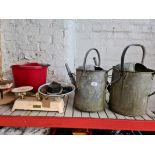 2 galvanized watering jugs and set of vintage scales with weights and tray