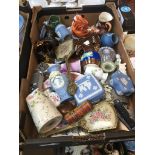 A box of various collectables to include Wedgwood jasperware, hip flasks, penknife, pill boxes,