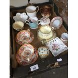 A box of mixed ceramics including Doulton Lambeth ware, Torquay, and various tea cups and saucer