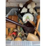 A box of mixed items including treen, photo frames, toy dog etc.