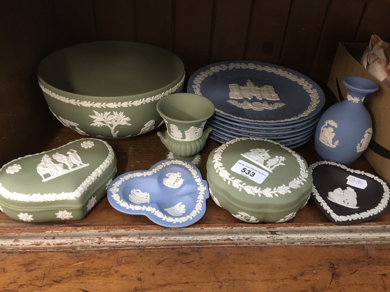 Wedgwood jasper wares including Christmas plates 1972-78 and a large green bowl approx 20cm diameter