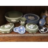 Wedgwood jasper wares including Christmas plates 1972-78 and a large green bowl approx 20cm diameter