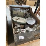 A box of misc items including pottery and glass, and a box of novelty teapots