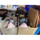 A box of misc including pictures, handheld vac, radio, lamp, etc and a box of soft toys, ceramics