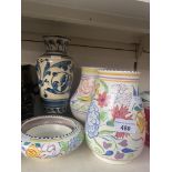 2 Poole ceramic vases, a Poole bowl, a small Poole dish and a blue and white Aller Vale vase.