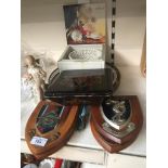 A mixed collection to include epns tray, 4 plaques bearing coats of arms etc, Lladro figure of