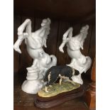 Pair of white ceramic horses 26cm and a Border Fine Arts dog L.19cm