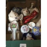 A box of mixed pottery including Brentleigh ware ceramic ballet shoes, Aynsley, Royal Worcester,