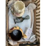 A box of Art Nouveau pottery & glassware inc Royal Stanley Ware jug.