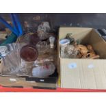 A box of glass, ornaments, china and some treen and a box of mainly glass to include decanters,