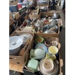 7 boxes of misc including teasmade, enameled bucket, cutlery, kitchenware, glassware, ornaments,