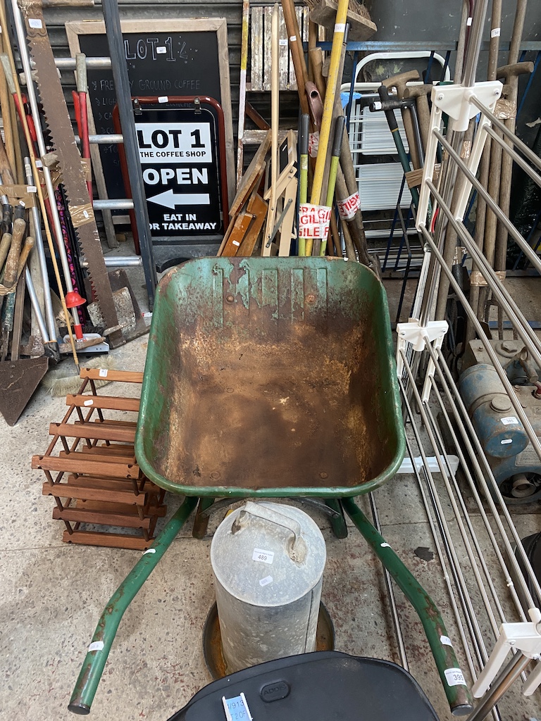 A metal wheelbarrow