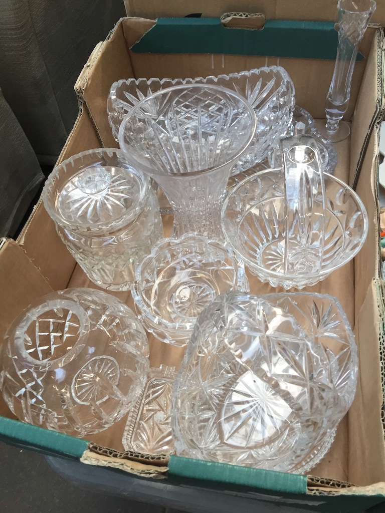 A box of cuty glass including vases, bowls, biscuit jar and tray