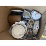 A large box of pottery to include Masons Ironstone, collectors plates, studio pottery, etc.