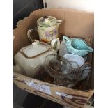 A mixed box containing Sadler teapot, a water jug, glass sundae dishes, etc