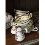 Five Minton bowls and six plates and Royal Crown Derby salt and pepper pots