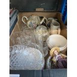 A box of assorted china and glass.