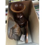 A collection of treen to include carved ethnic mask, large wooden carved vase, etc.