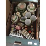 A box of mixed ceramics to include Lurpak toast racks and eggcups, Wade characters The & Dwarves,