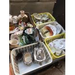 A box and four plastic baskets of mixed ceramics including teawares, figurines, vases, Doulton