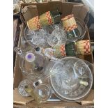 A box of mainly drinking glasses, with a cut glass jug and some buttons