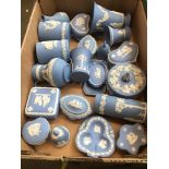 A box of Various blue Wedgwood Jasperware.