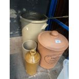 Stoneware and earthenware pots including bread crop and a copper pan, etc.