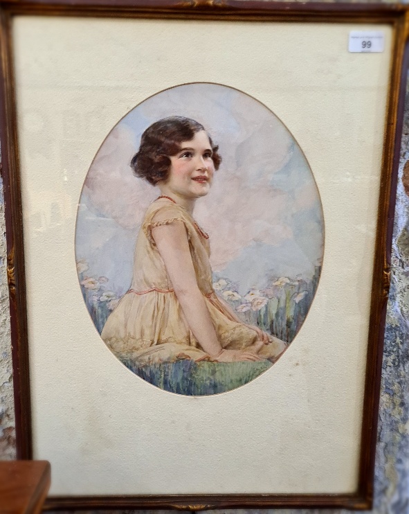 Signed 'Bec Bolton London', young girl, watercolour, oval, 28cm x 37cm, glazed and framed 44cm x