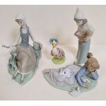 Three Lladro figres and a Beswick Beatrix Potter figure, Jemima Puddleduck: Lladro figures include