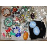 A box of assorted costume jewellery including Wedgwood cameos, animals, silver etc.