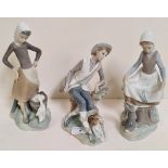 Three Lladro figures: Girl watching goose drink from pail of milk; Girl with rabbit food 4826;