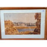 Manner of Samuel Palmer, lake scene with shepherd, watercolour, 46cm x 28cm, unsigned, glazed and