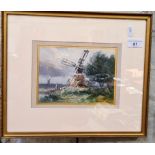 W. Caveday, watercolour, Windmill, 18.5cm x 13.5cm, signed lower left, glazed and framed.